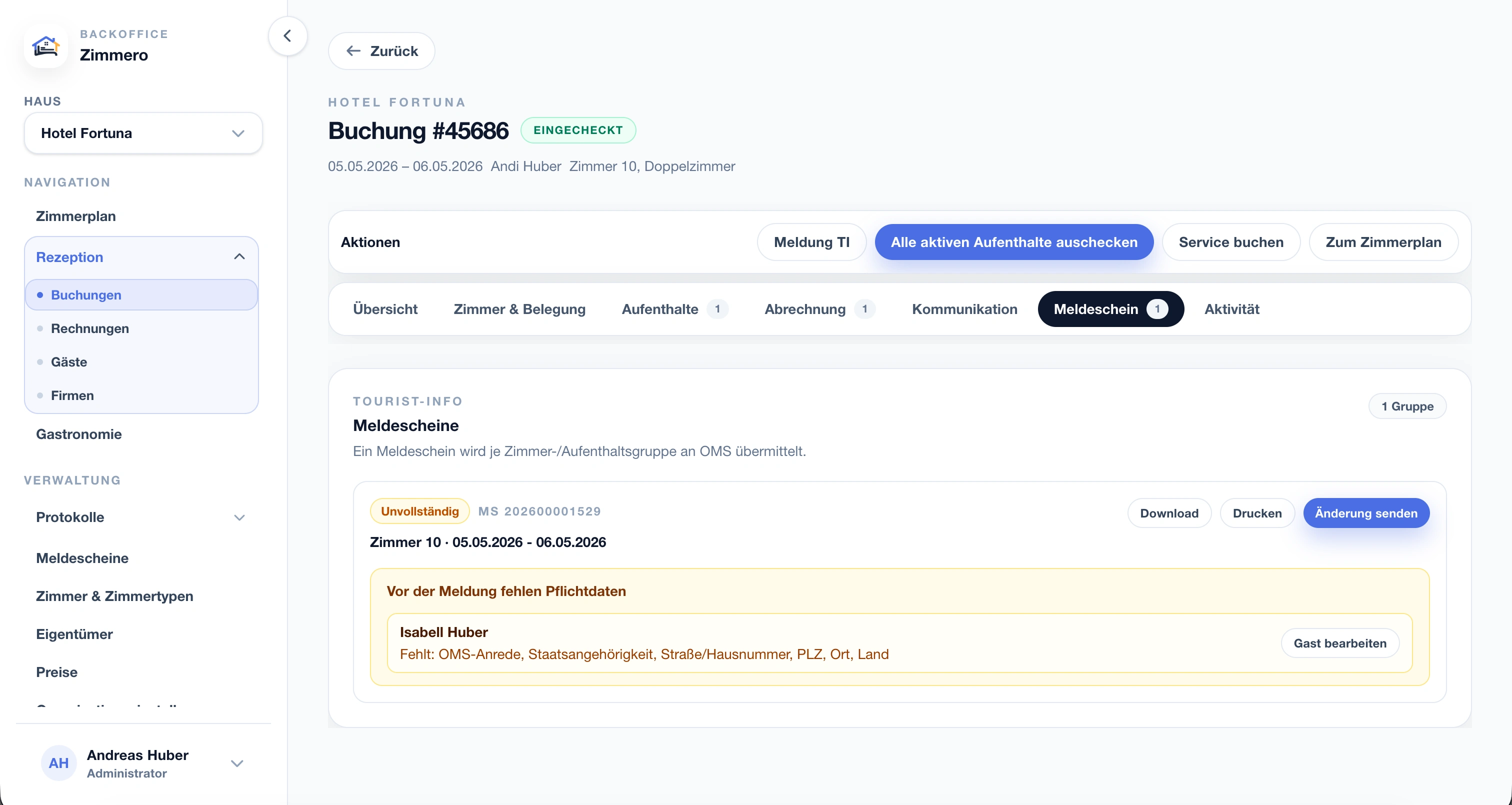 Zimmero Meldeschein-Übersicht mit Status und OMS-Übermittlung