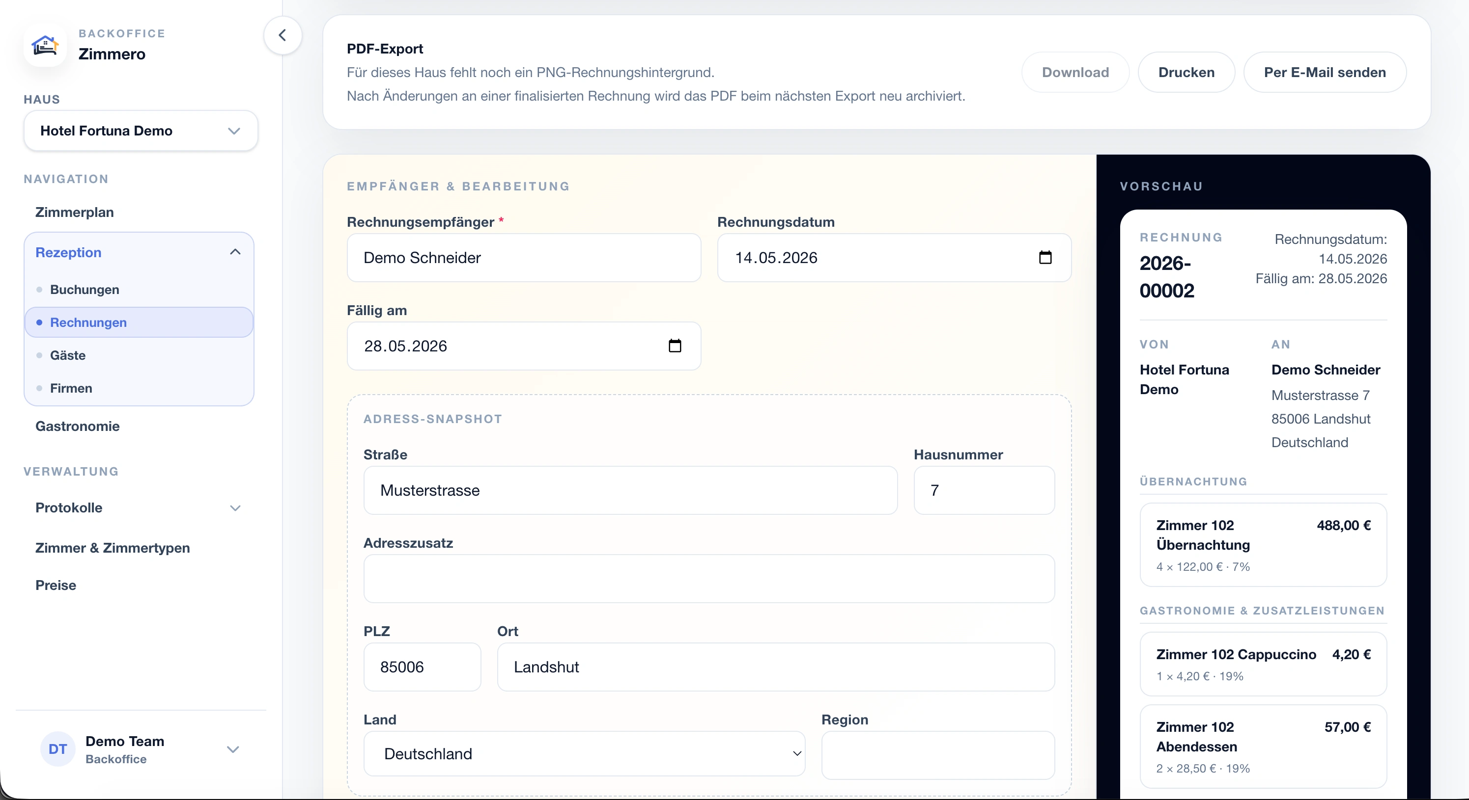 Zimmero Rechnungseditor mit Split Billing, PDF-Export und Gastronomie-Positionen